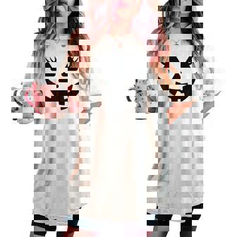 Jack O Lantern Face Pumpkin Eyelashes Halloween Girls Women's Oversized Comfort T-shirt - Monsterry