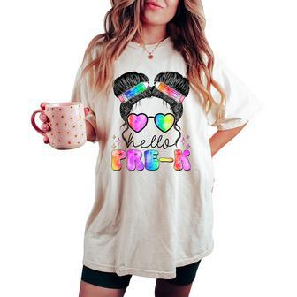 Messy Hair Bun Girl Back To School First Day Hello Pre K Women's Oversized Comfort T-shirt - Monsterry CA