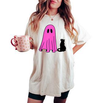 Pink Ghost And Black Cat Halloween Fall Season Women's Oversized Comfort T-shirt - Thegiftio UK