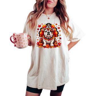 Thanksgiving English Bulldog Fall Leaves Autumn Maple Tree Women's Oversized Comfort T-shirt - Thegiftio UK