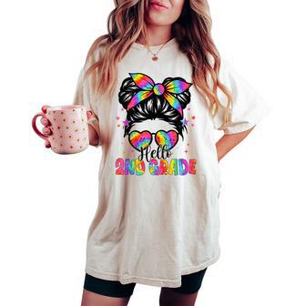 Tie Dye Messy Bun Hello 2Nd Grade Student Back To School Women's Oversized Comfort T-shirt - Thegiftio UK