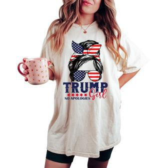 Trump Girl No Apologies Messy Bun Trump 2024 American Flag Women's Oversized Comfort T-shirt - Monsterry CA