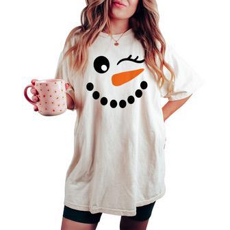 Winter Snowman Face Wink Eye Christmas Xmas For Girl Womens Women's Oversized Comfort T-shirt - Thegiftio UK