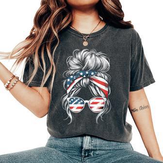 American Messy Bun Girl 4Th Of July Messy Bun Usa Flag Women's Oversized Comfort T-Shirt - Thegiftio UK