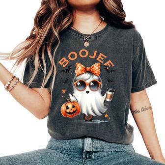 Boo Jee Ghost With Coffee Coquette Bow Halloween Girl Women's Oversized Comfort T-Shirt - Thegiftio UK