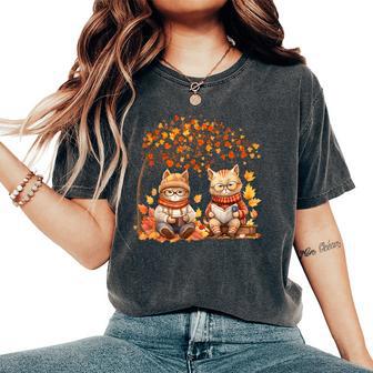 Cat Leaf Fall Hello Autumn Cat Kitten Lover Thanksgiving Women's Oversized Comfort T-Shirt - Thegiftio UK