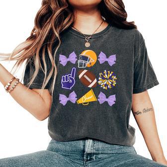 Coquette Bow Football Purple Gold Game Cheer Mom Touchdown Women's Oversized Comfort T-Shirt - Thegiftio UK
