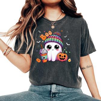 Cute Ghost Boo Drinking Pumpkin Spice Coffee Halloween Women's Oversized Comfort T-Shirt - Thegiftio UK