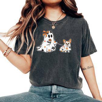 Cute Ghost With Corgi Boo Halloween Coquette Bow Corgi Mom Women's Oversized Comfort T-Shirt - Thegiftio UK