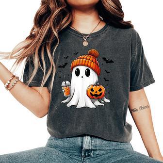 Cute Ghost Drinking Coffee Halloween Ghost Ice Coffee Women's Oversized Comfort T-Shirt - Thegiftio UK