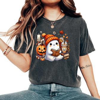 Cute Ghost Ice Drinking Coffee Halloween Book Reading Womens Women's Oversized Comfort T-Shirt - Thegiftio UK