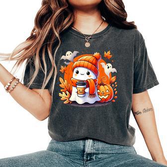 Cute Halloween Ghost Coffee Pumpkin Autumn Maple Leaves Women's Oversized Comfort T-Shirt - Thegiftio UK