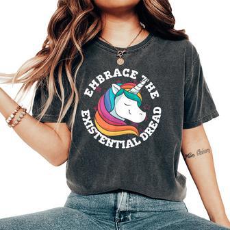Embrace Existential Dread Slogan Rainbow Unicorn Nihilism Women's Oversized Comfort T-Shirt - Thegiftio UK