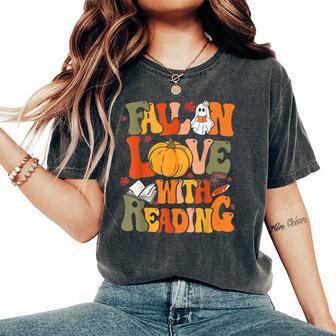 Fall In Love With Reading Book Autumn Pumpkins And Teachers Women's Oversized Comfort T-Shirt - Thegiftio UK