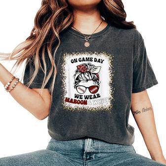 On Gameday Football We Wear Maroon And White Messy Bun Hair Women's Oversized Comfort T-Shirt - Thegiftio UK