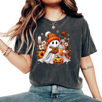 Ghost Drinking Coffee Book Reading Halloween Pumpkin Flower Women's Oversized Comfort T-Shirt - Thegiftio UK