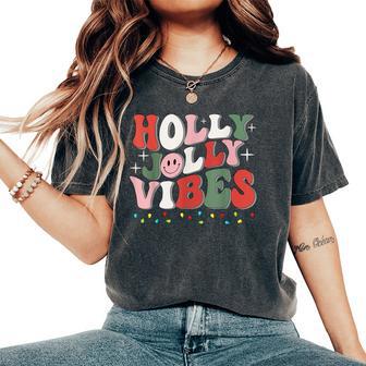 Groovy Holly Xmas Jolly Vibes Christmas Lights Santa Hat Women's Oversized Comfort T-Shirt - Thegiftio UK