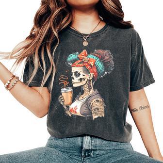 Halloween Skeleton Messy Bun Coffee Costume Mom Women Women's Oversized Comfort T-Shirt - Thegiftio UK