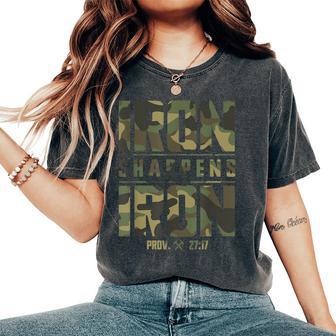 Iron Sharpens Iron Christian Camo Scripture Gym Workout Women's Oversized Comfort T-Shirt - Thegiftio UK