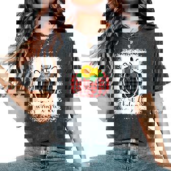 It's Fall Y'all Halloween Bleached Red Pumpkin Buffalo Plaid Women's Oversized Comfort T-Shirt - Monsterry