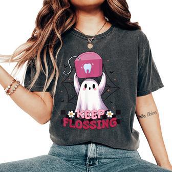 Keep Flossing Ghost Groovy Dental Hygiene Halloween Crew Women's Oversized Comfort T-Shirt - Thegiftio UK