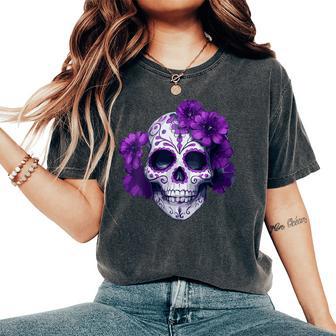 Purple Floral Black Sugar Skull Day Of The Dead Mexican Pray Women's Oversized Comfort T-Shirt - Thegiftio UK