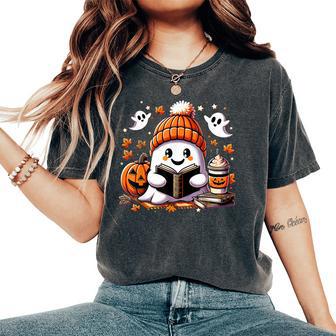 Snug Ghost Reading A Book Halloween Vibes Autumn Love Fall Women's Oversized Comfort T-Shirt - Thegiftio UK