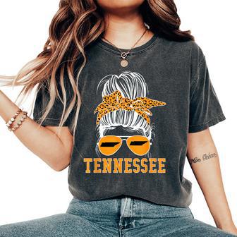 Tennessee Tn State Leopard Messy Bun Orange Text Women's Oversized Comfort T-Shirt - Thegiftio UK