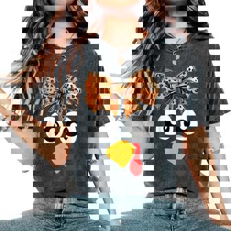 Turkey Face Coquette Bow Leopard Thanksgiving Pilgrim Women's Oversized Comfort T-Shirt - Monsterry