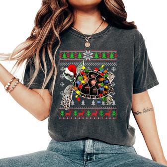 Ugly Christmas Sweater With Sea Turtle Lights Santa Hat Women's Oversized Comfort T-Shirt - Thegiftio UK