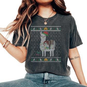 Ugly Christmas Sweater Sloth Riding Llama Elf Hat Outfit Women's Oversized Comfort T-Shirt - Thegiftio UK