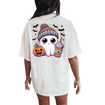 Cute Ghost Drinking Coffee Latte Ghost Boo Halloween Women Women's Oversized Comfort T-Shirt Back Print - Thegiftio UK