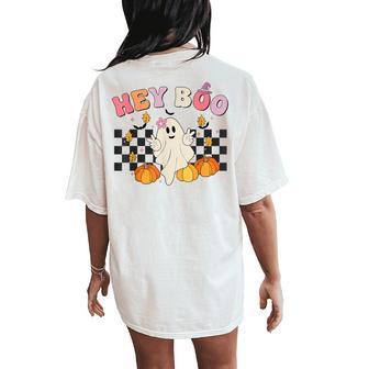 Cute Ghost Hey Boo Halloween Girl Fall Pumpkin Women's Oversized Comfort T-Shirt Back Print - Thegiftio UK