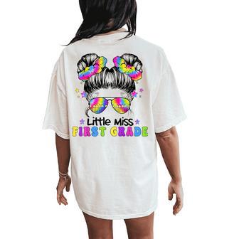 First Day Of School Girls Messy Bun Lil Miss First Grade Women's Oversized Comfort T-Shirt Back Print - Thegiftio UK
