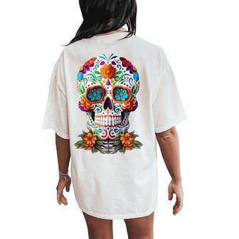 Floral Sugar Skull Day Of Dead Dia De Los Muertos Men Women's Oversized Comfort T-Shirt Back Print - Thegiftio UK