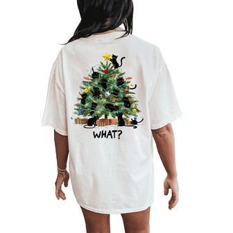 Black Cat Pushing Christmas Tree Over Cat What Womens Women's Oversized Comfort T-Shirt Back Print - Thegiftio UK