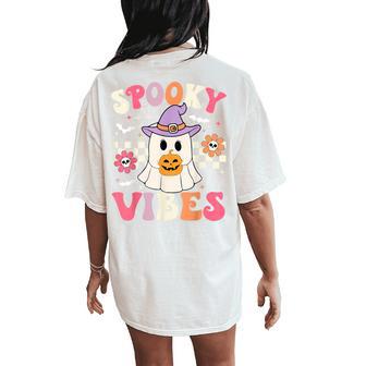 Groovy Spooky Vibes Retro Ghost Holding Pumpkin Halloween Women's Oversized Comfort T-Shirt Back Print - Thegiftio UK