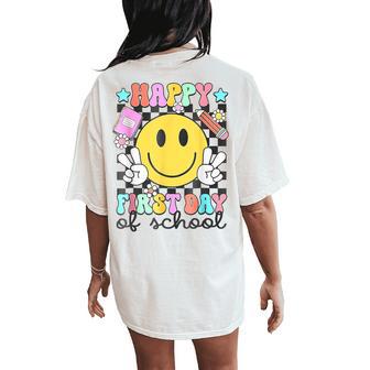 Happy First Day Of School Groovy Smile Face Teacher Student Women's Oversized Comfort T-Shirt Back Print - Thegiftio UK
