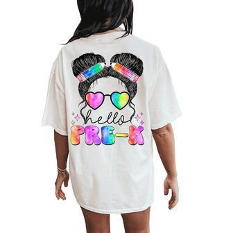 Messy Hair Bun Girl Back To School First Day Hello Pre K Women's Oversized Comfort T-Shirt Back Print - Monsterry CA