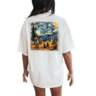 Raccoons & Possum Halloween Fall Van Gogh Starry Night Bats Women's Oversized Comfort T-Shirt Back Print - Thegiftio UK