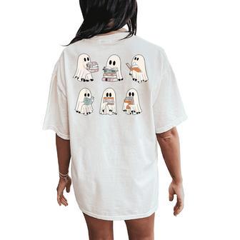 Retro Ghost Reading Book Librarian Teacher Halloween Women's Oversized Comfort T-Shirt Back Print - Thegiftio UK