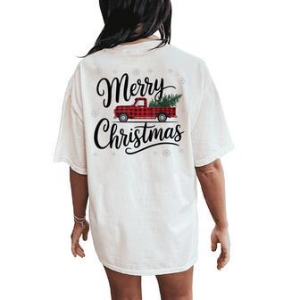 Retro Red Pickup Truck Buffalo Plaid Christmas Tree Women Women's Oversized Comfort T-Shirt Back Print - Thegiftio UK