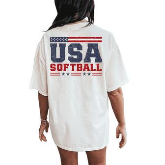 Softball Usa American Flag Patriotic Softball Fan Women's Oversized Comfort T-Shirt Back Print - Thegiftio UK