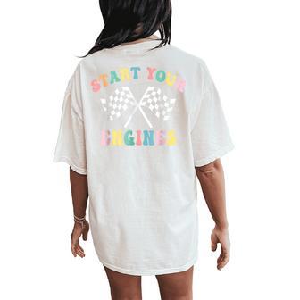 Start Your Engines Groovy Checkered Flag Retro Racing Black Women's Oversized Comfort T-Shirt Back Print - Thegiftio UK