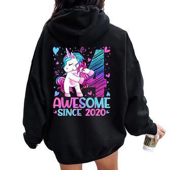 4 Years Old Flossing Unicorn 4Th Birthday Girl Party Women Oversized Hoodie Back Print - Thegiftio UK