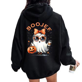 Boo Jee Ghost With Coffee Coquette Bow Halloween Girl Women Oversized Hoodie Back Print - Thegiftio UK