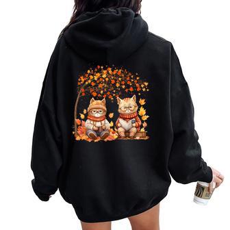 Cat Leaf Fall Hello Autumn Cat Kitten Lover Thanksgiving Women Oversized Hoodie Back Print - Thegiftio UK
