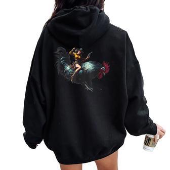 Cowgirl Riding Chicken Retro Rodeo Rooster Women Oversized Hoodie Back Print - Thegiftio UK