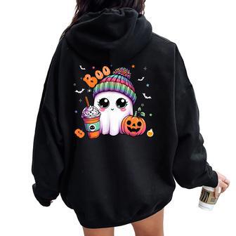 Cute Ghost Boo Drinking Pumpkin Spice Coffee Halloween Women Oversized Hoodie Back Print - Thegiftio UK
