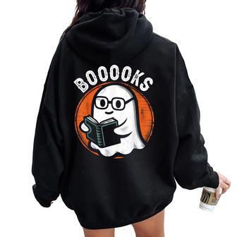 Cute Ghost Book Reading Books Lover Retro Halloween Teacher Women Oversized Hoodie Back Print - Monsterry